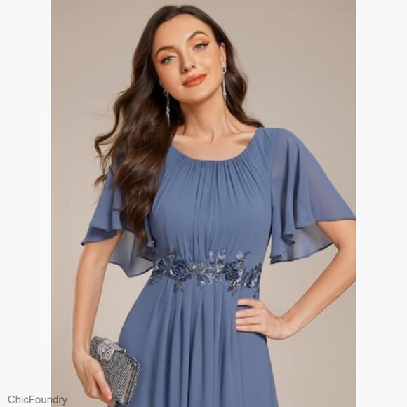 Floor Length Formal Dress with Chiffon Fabric and Floral Appliques - Picture 3 of 7